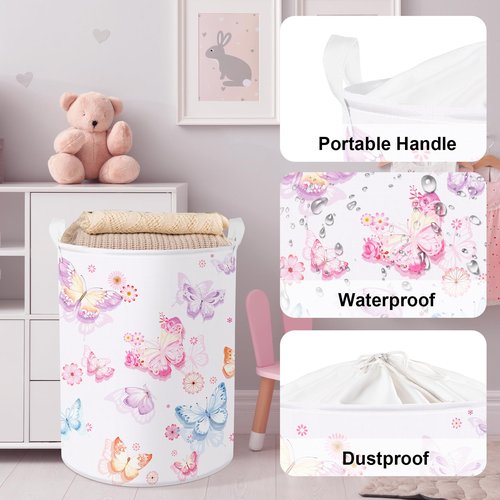 Clastyle Large Purple Pink Butterfly Laundry Basket Waterproof Flower Clothes Nursery Hamper for Baby Girl Collapsible Toy Storage Gift Basket for Kid Bedroom Decor