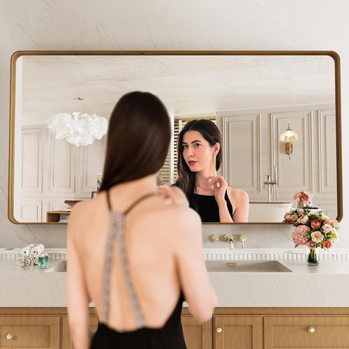 LOAAO Bathroom Mirror - 72x36 Inch Rounded Rectangle with Wood Grain Metal Frame | Anti-Rust, Versatile Hanging Options