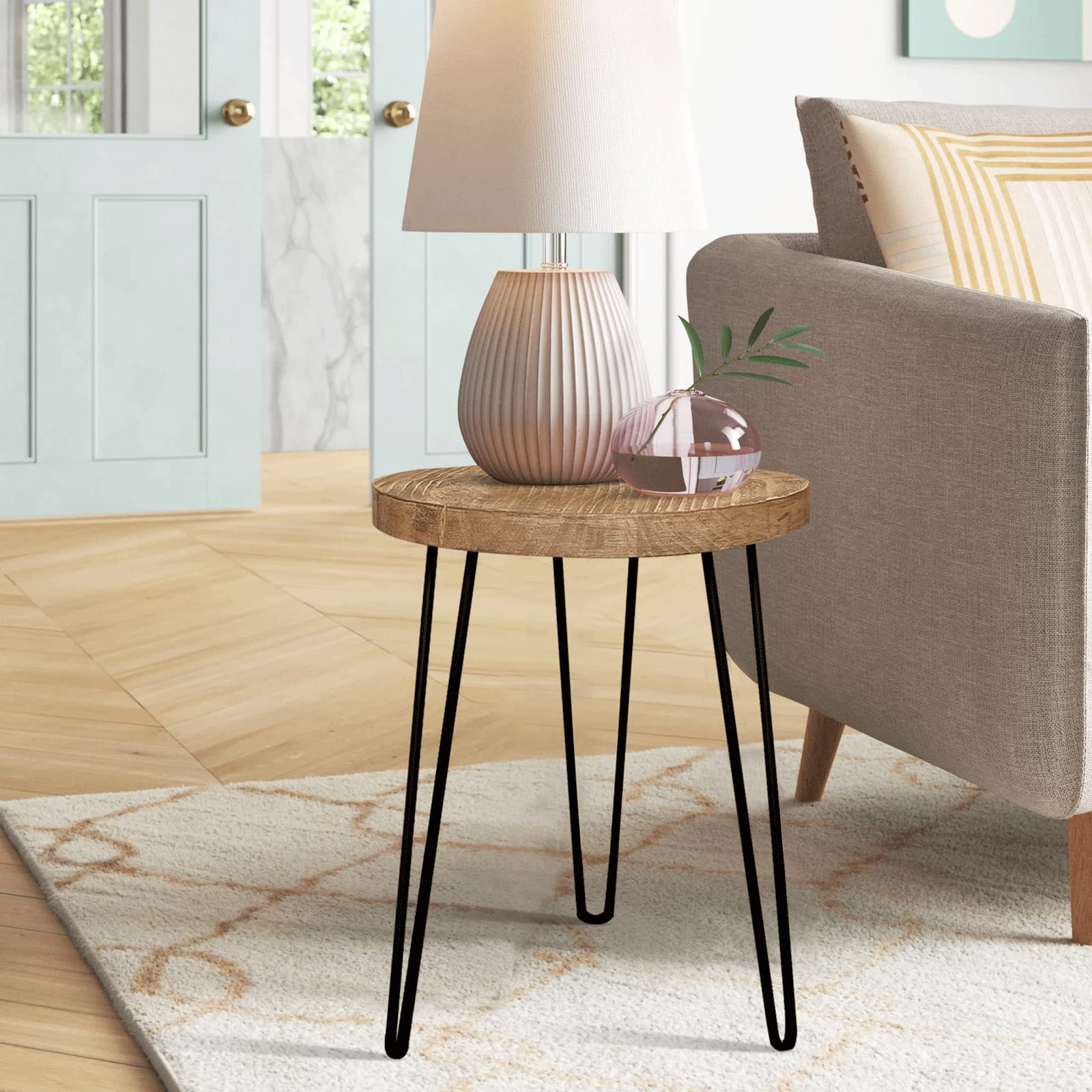 WELLAND Rustic Old Elm Round End Table 16"x16"x21" H Vintage Side Table Accent Table Plant Stand for Living Room Bedroom Home Office Patio