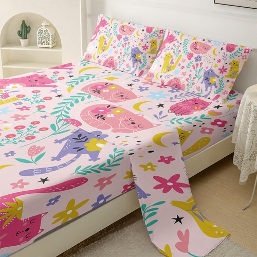 QOOMO Floral Cats Sheet Set,Kawaii Cats Kids Bed Sheets,Pink Floral 16" Deep Pocket Bed Sheet Set for Boys/Girls/Kids/Teens，4 Piece Sheet Set, 1 Fitted Sheet,1 Flat Sheet and 2 Pillowcases，Twin Size