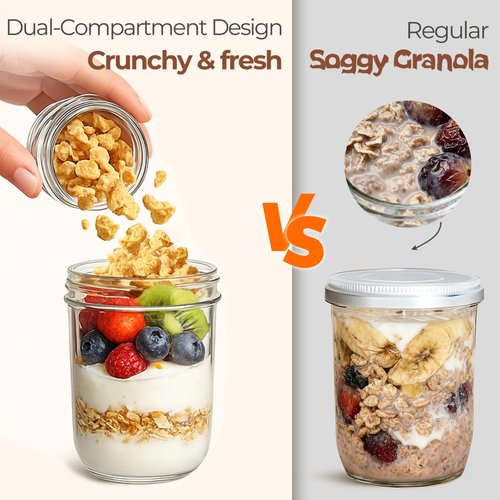 ComSaf Overnight Oats Containers with Lids (16oz+4oz, 2Pcs), Dual-Laryer Chia Pudding Jars with Dry and Wet Separation, Yogurt Parfait Cups for Oatmeal Cereal Nut Fruit, Meal Prep Glass Jars for Salad