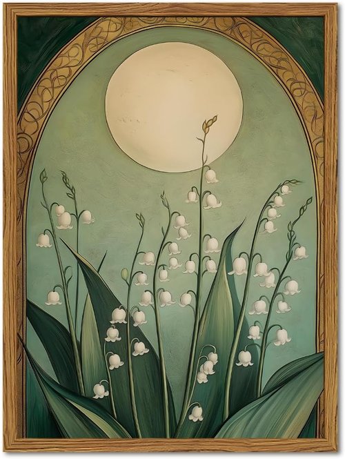 Framed Vintage Lily of the Valley Wall Art - Moody Boho Floral Canvas Print | Emerald Green 12x16in
