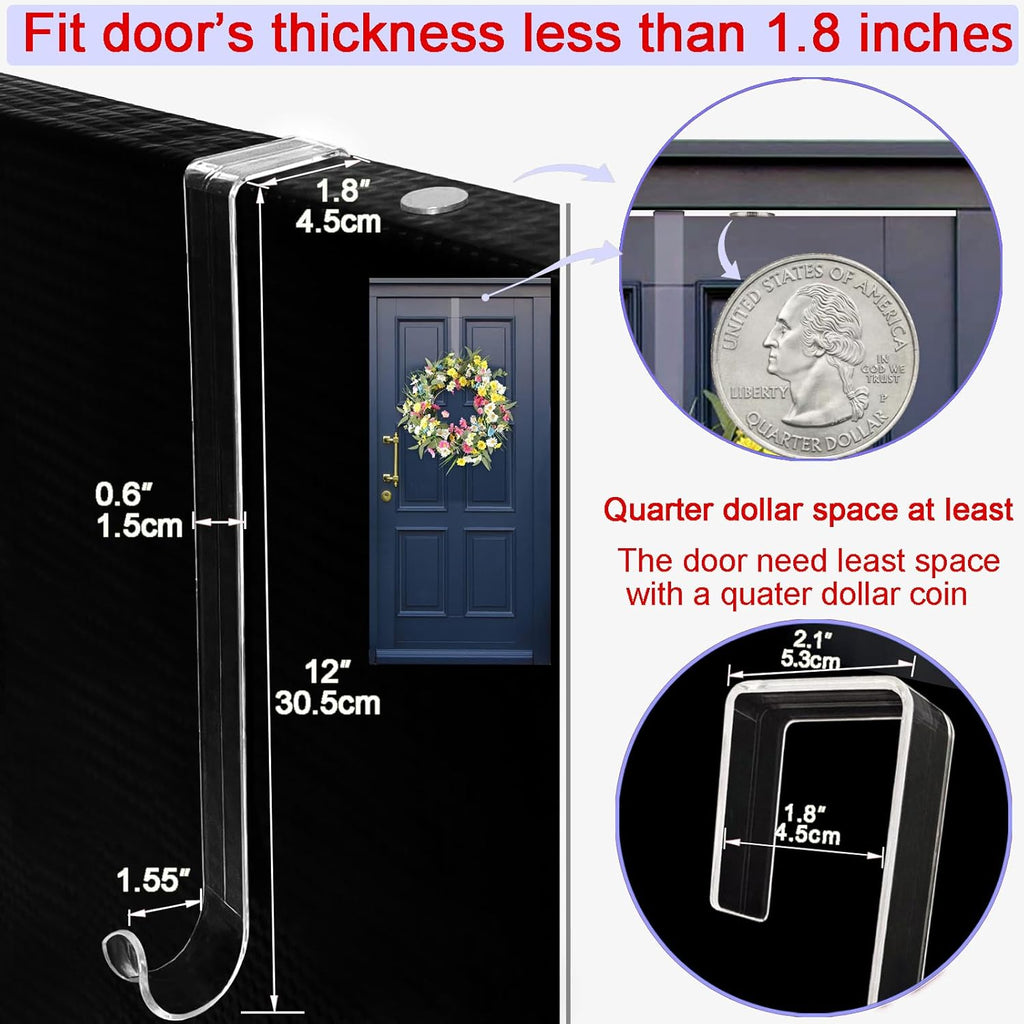 Skiennix Wreath Hanger - 12” Clear Over The Door Hooks for Easter & Christmas Decor | 2 Pack