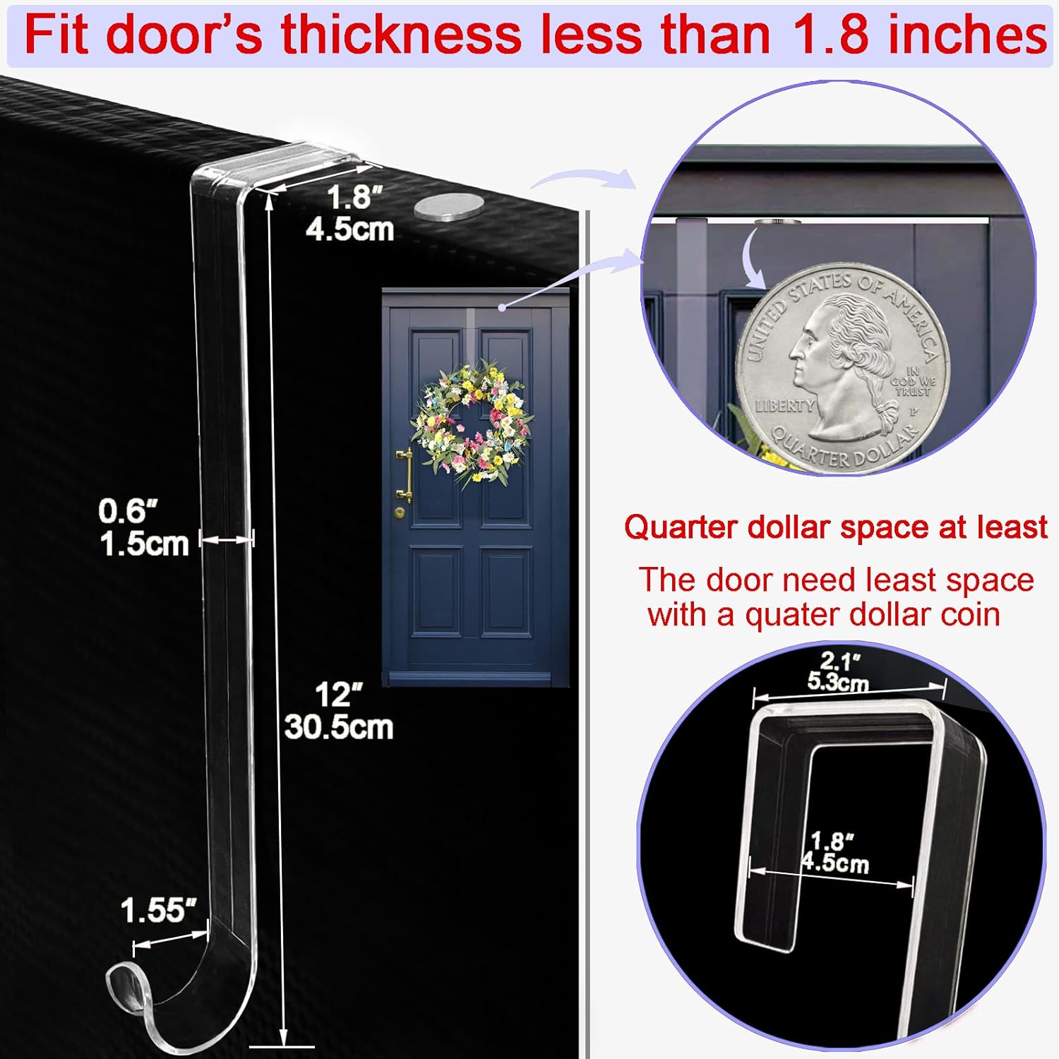 Skiennix Wreath Hanger - 12” Clear Over The Door Hooks for Easter & Christmas Decor | 2 Pack