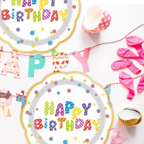 LDFDRT 7inch White and Gold Happy Birthday Paper Plates 50 pcs Party Decorations Rainbow Cake Dessert Plates Disposable Dinnerware Tableware for Birthday Party Supplies