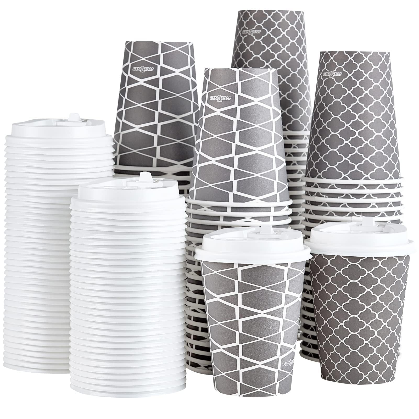 JOLLY PARTY Disposable Coffee Cups with Lids -12 oz (100 Sets) To Go Cups, Paper Coffee Cups for Beverages Espresso Tea, Suitable for Cafes, Offices and Home