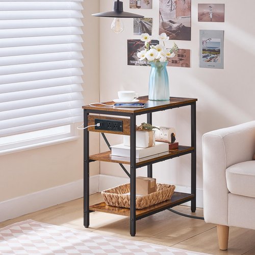 HOOBRO End Table with Charging Station, Simple Rustic Side Table with 3-Tier Storage Shelf, Narrow Nightstand for Small Spaces, for Living Room, Industrial Design, Rustic Brown and Black BF149UBZ01