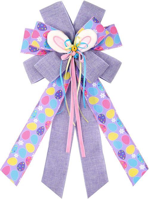 BUVANE Easter Wreath Bow - Large Burlap Bunny Decor for Indoor/Outdoor Holiday Display (Purple)