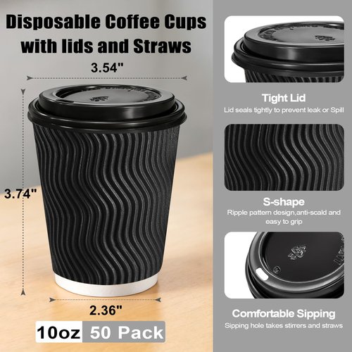 Lamosi 10 oz Disposable Coffee Cups with Lids, 50 Pack Insulated Hot Cups To Go Paper Coffee Cups with Lids and Straws, Corrugated Ripple Wall Cup for Hot Drink, Office, Coffee Bar (Black)
