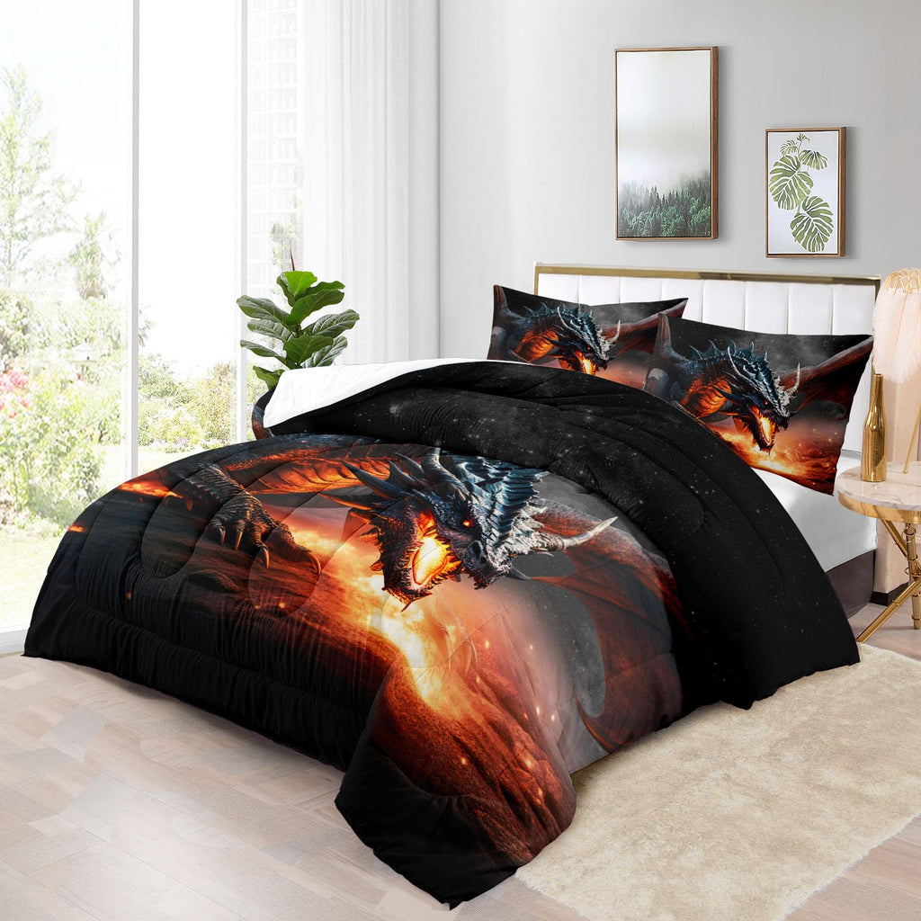 Raphus cucullatus 3D Dragon Cartoon Queen Bedding Sets for Boys,Dragon Comforter Set Queen Size,Dragon Bedding Set Queen,Boys Bedding Sets Queen,Ancient Wild Animal Dragon Pattern Bedding Set