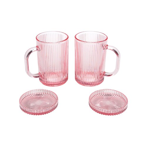 Paris Hilton Ribbed Glass Mug Set with Dual Use Lid/Coaster, Elegant Fluted Glassware, Perfect for Coffee, Tea or any beverage, Set of 2, 13.5-Ounce, Pink