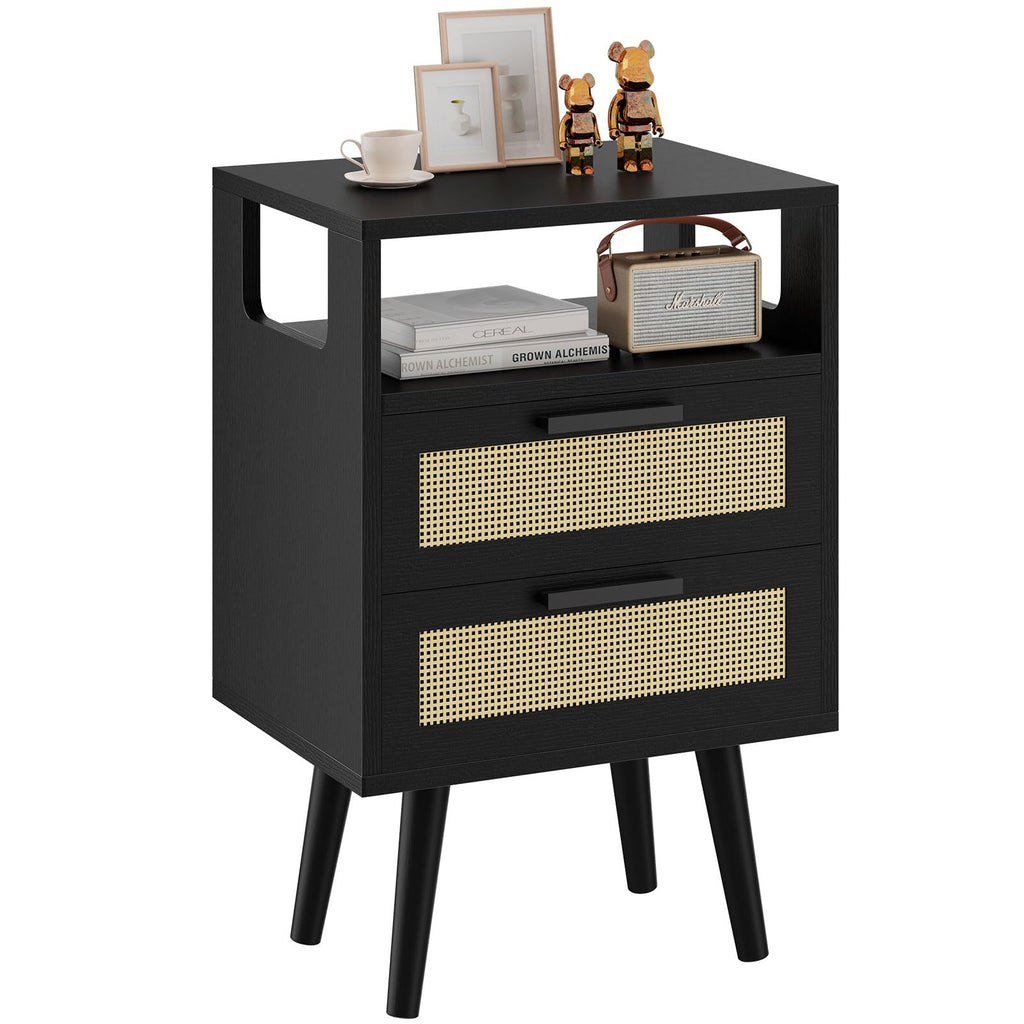 YMYNY Nightstand with 2 Drawers, Boho Side Table, Handmade Rattan Decorated, Open Shelf Unit with Arched Design, Solid Wood Legs, Storage Cabinet for Bedroom, Natural UHST015N