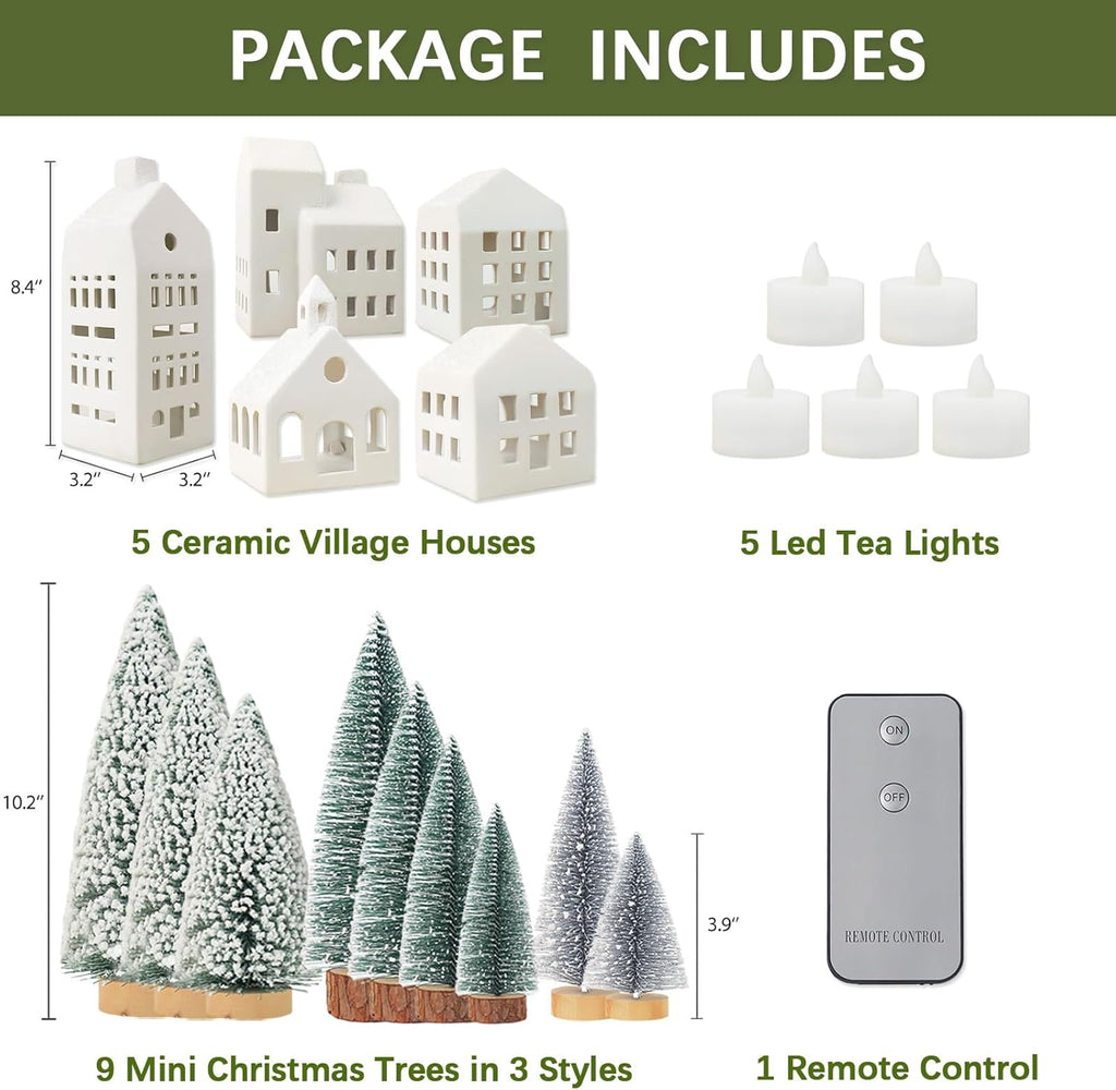 Skiennix Christmas Village Set - 5 Lighted Ceramic Houses with Remote Control & 9 Trees | Rustic Indoor Holiday Decor