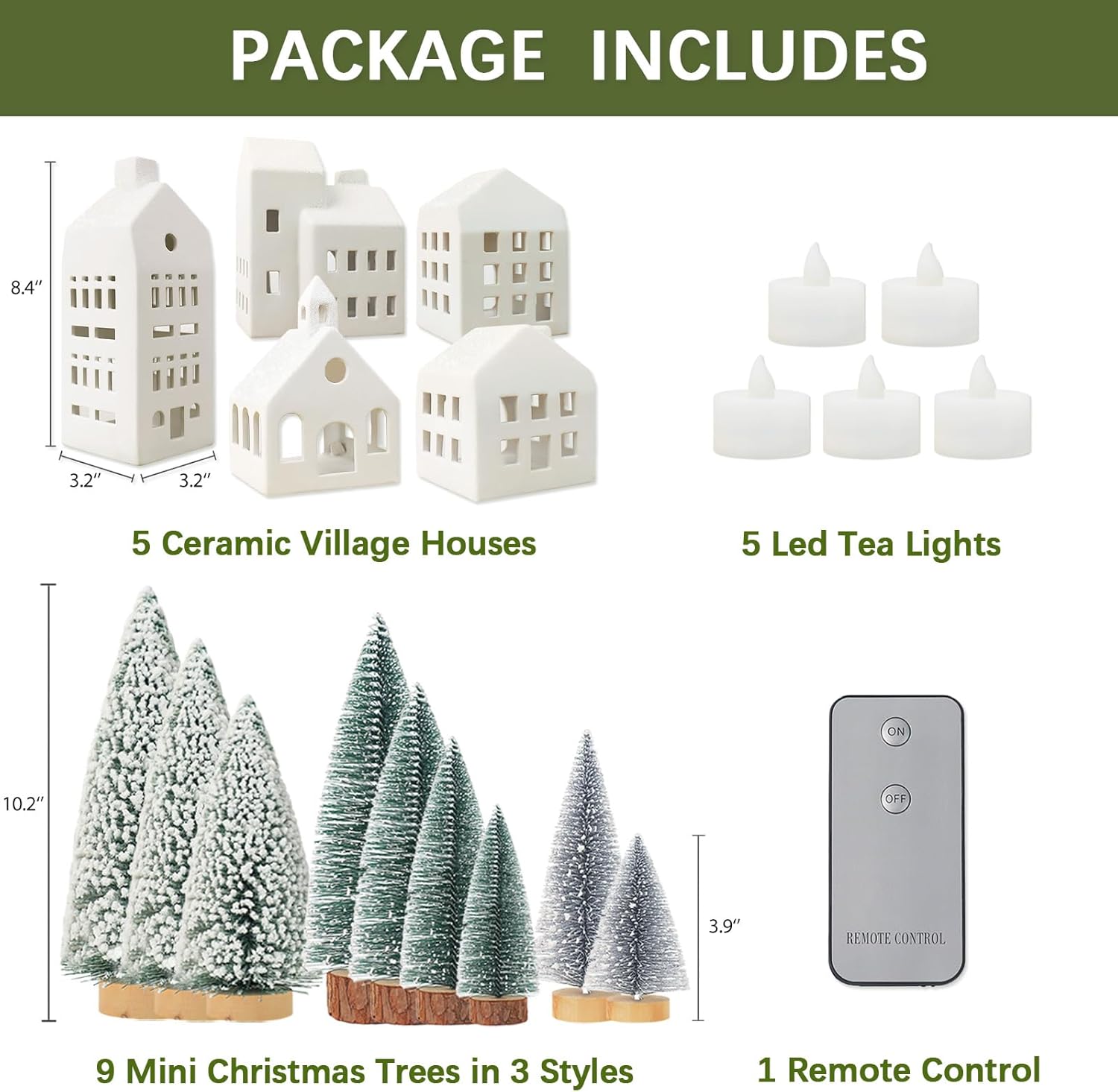Skiennix Christmas Village Set - 5 Lighted Ceramic Houses with Remote Control & 9 Trees | Rustic Indoor Holiday Decor