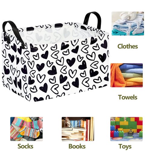 ACMUUNI Black Heart Valentine Gift Love Storage Basket Clothes Laundry Storage Box Shelf Bins, Gift Basket Laundry Hamper with Handles