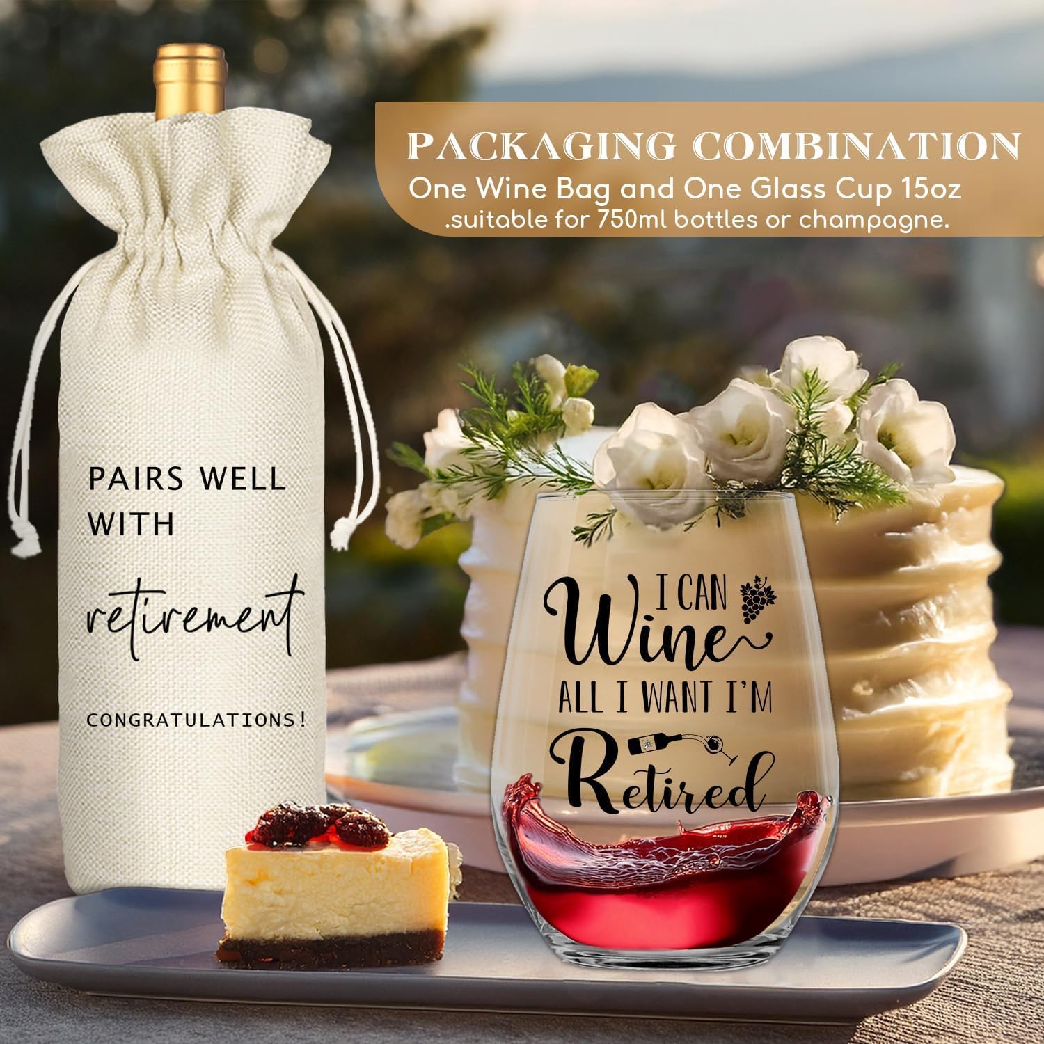 Retirement Gifts for Women Men, Funny Retirement Wine Glass and Wine Bag Set, Best Retired Gifts for Friends Cowkers Doctors Nurses Teachers Boss-PAIRS WELL WITH RETIREMENT (Retired-Beige)
