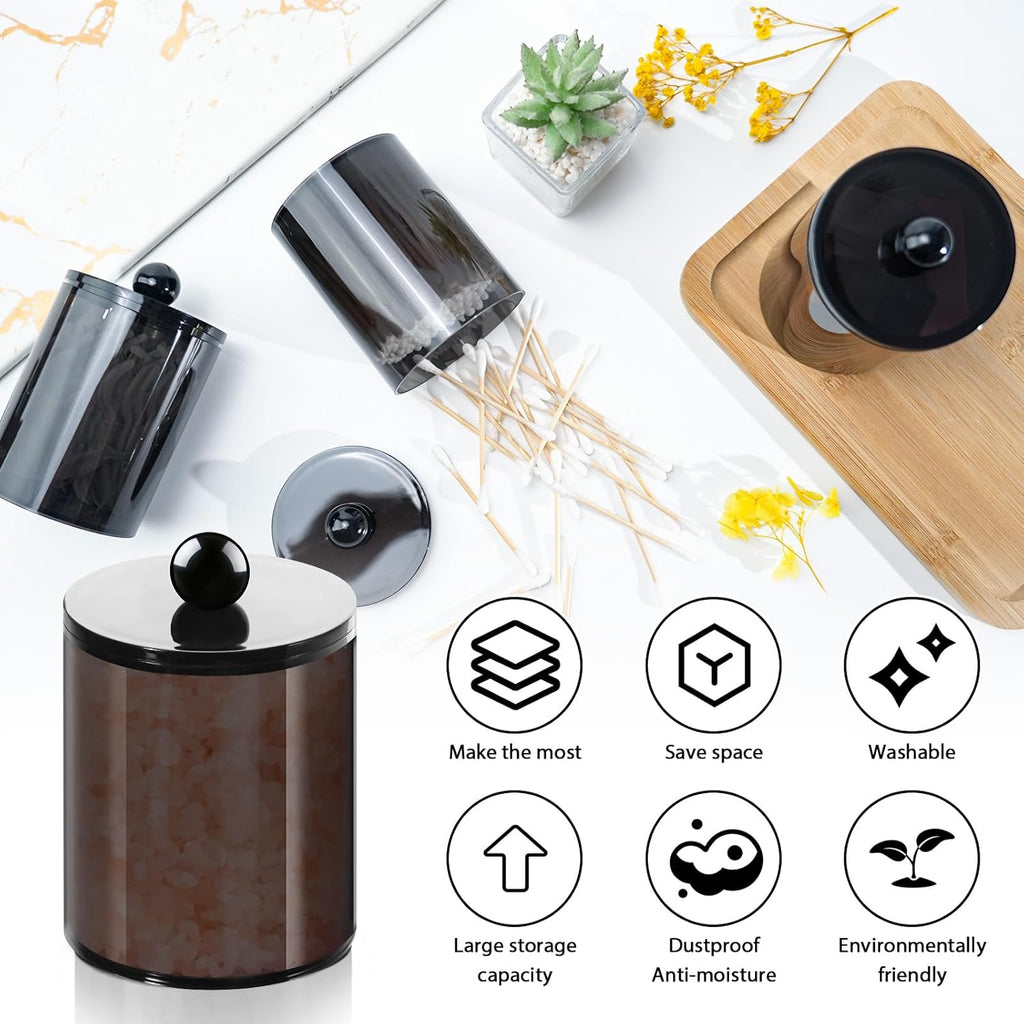 XIPENGKEJI Qtip Holder Set - Stylish Apothecary Jars with Lids for Bathroom Organization | 10oz-12oz Black Canisters