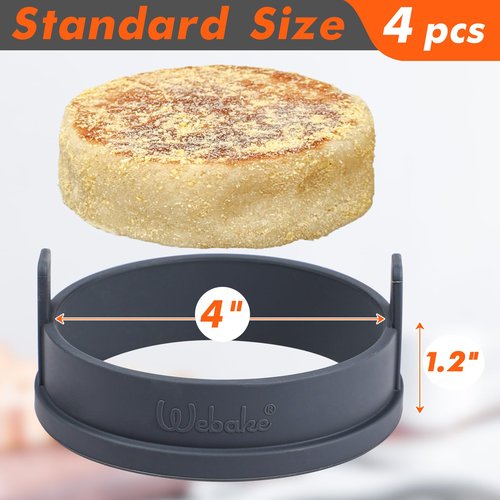 Webake 4 inch Silicone English Muffin Rings, Nonstick Standard Size Crumpet Ring, Egg Rings, BPA-Free, Set of 4