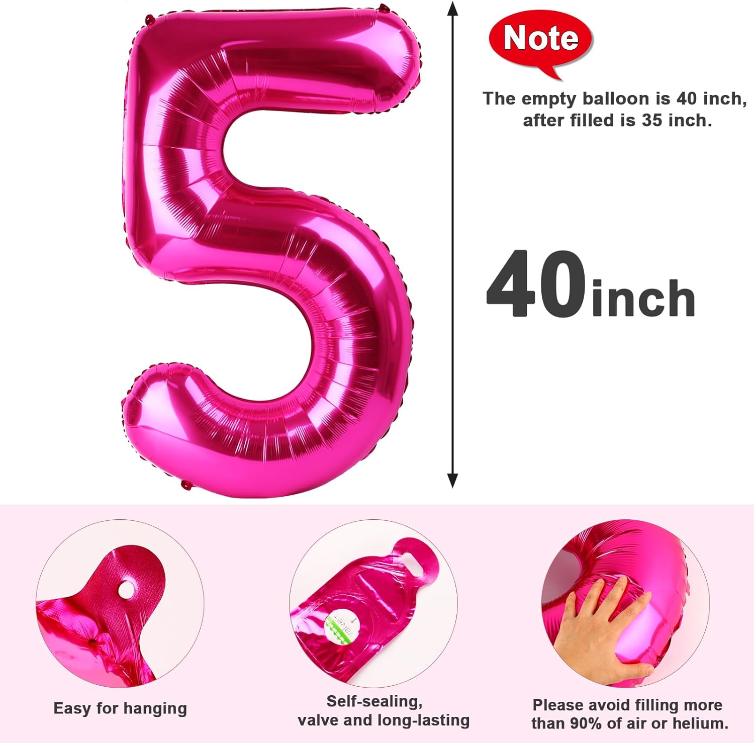 Skiennix 40-Inch Hot Pink Number Balloons - Perfect for 5th Birthday & Wedding Decor | Set of 5
