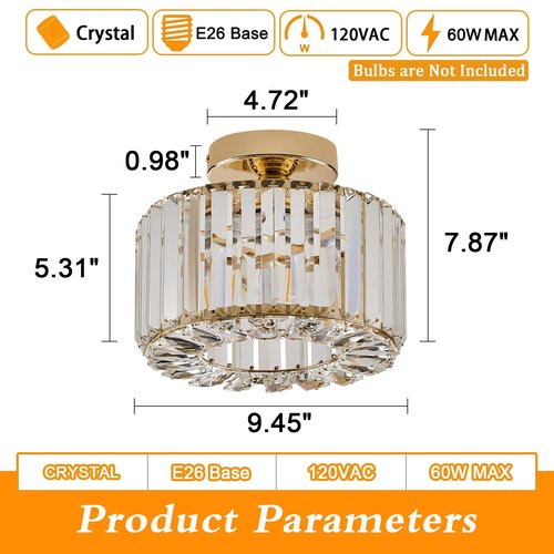 BUXVRCS Crystal Ceiling Light Fixture - Semi Flush Mount Ceiling Light Modern Chandelier Hallway Light Fixtures Ceiling Flush Mount Light Fixtures for Kitchen Bedroom Bathroom Entryway (Gold)
