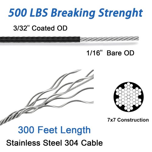 Toyeah 1/16" Wire Rope Kit with 300FT Vinyl Coated 304 Stainless Steel Wire Rope with M5 Turnbuckle, 7x7 Strand Core Tensioner Kit for String Light Hanging, Garden, Clothes Line and Plant Climbing