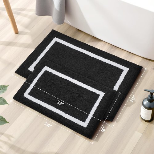 HOMEIDEAS Black and White Bathroom Rugs Sets 2 Piece, Super Soft and Absorbent Microfiber Tufted Bath Mats, Non-Slip and Machine Washable Bath Rugs