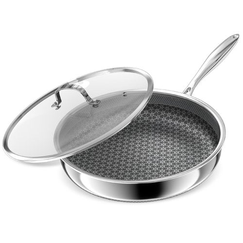 KURRUNGIE Hybrid Non Stick Frying Pans, 10-inch Stainless Steel Frying Pans with Tempered Glass Lid, 5 Ply Induction Cookware, Dishwasher-Friendly, Oven-Safe Up to 800°F, Compatible with All Cooktops