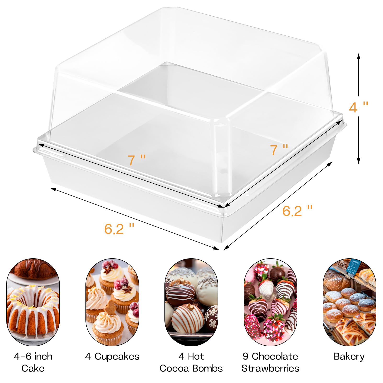 ZORRITA Paper Cake Boxes with Clear Lids, 7" x 7" x 4", 40 Pack, White
