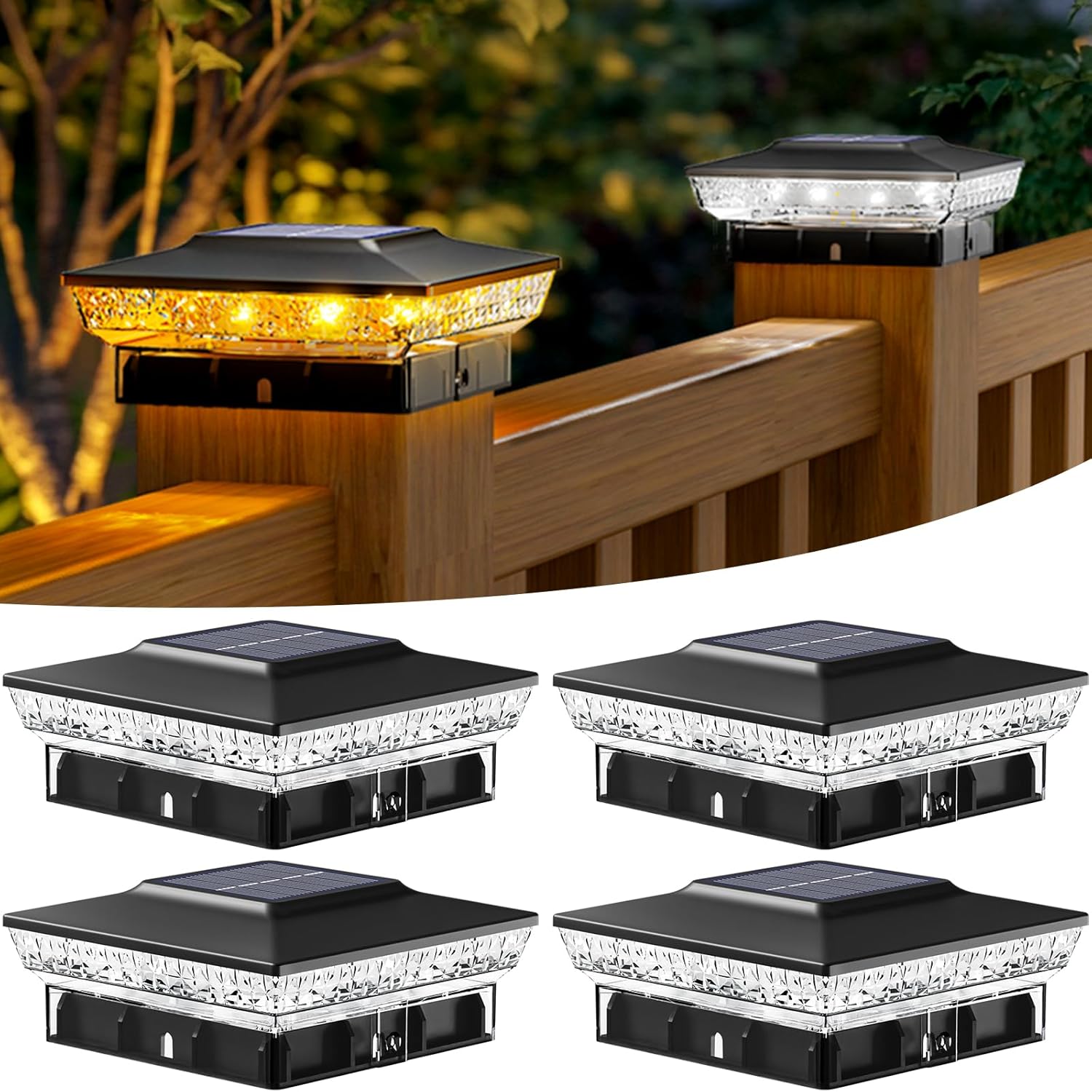 Btfarm Solar Post Cap Lights - 16 LED Outdoor Lighting | 2 Modes, Waterproof, 4-Pack for 4x4 & 3.5x3.5 Posts