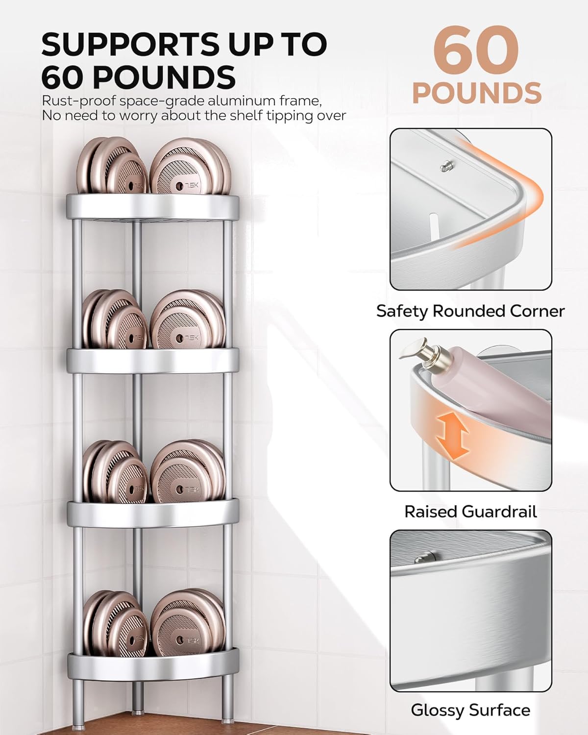 Nieifi Corner Shower Caddy Stand - 4-Tier Rustproof Aluminum Organizer | Height-Adjustable Legs, Silver