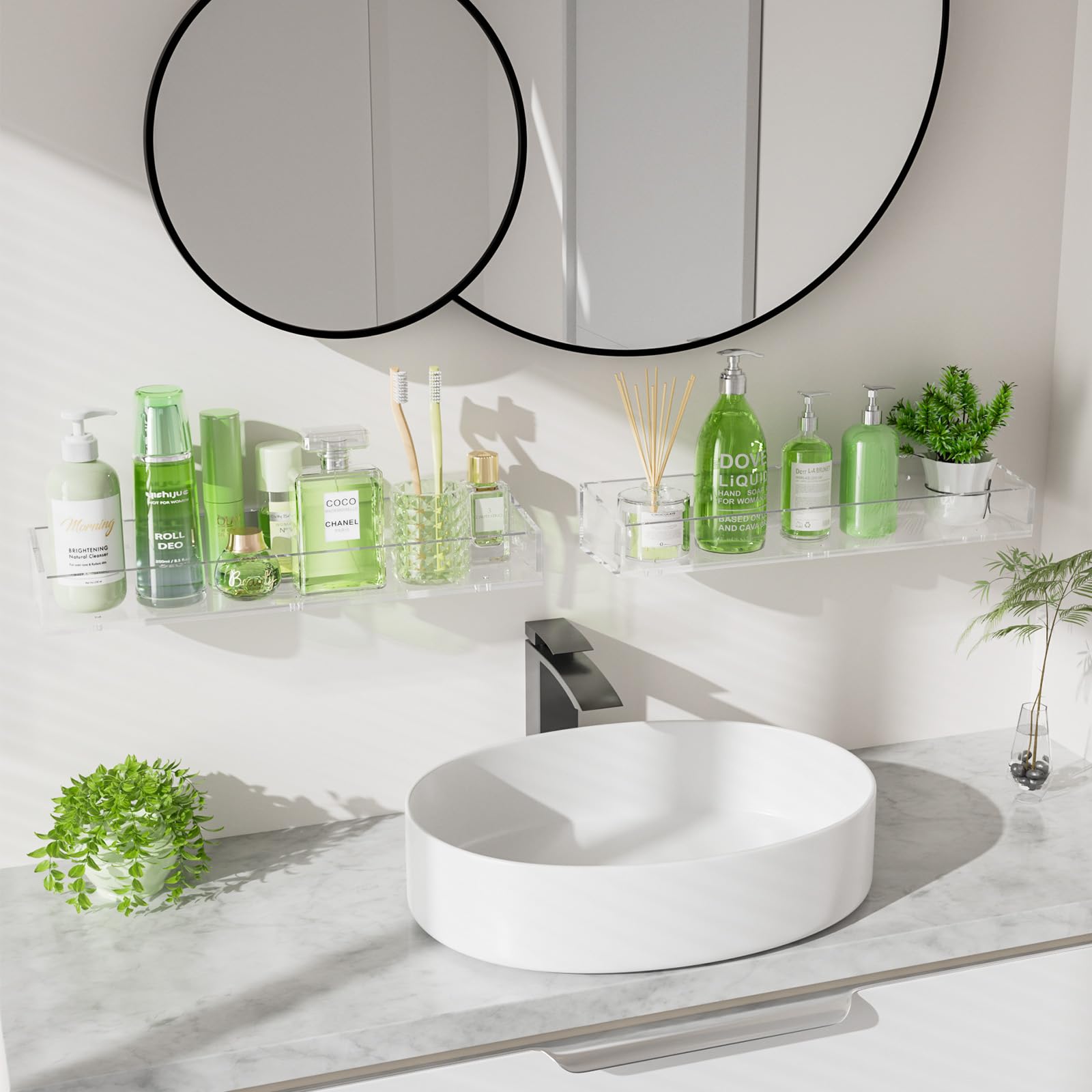 YLYEEU 2PCS Acrylic Floating Shelves for Wall, 15" Clear Acrylic Shelves, Bathroom Shelf with Two Types of Installation, Space Saving Hanging Wall Shelf for Bathroom, Living Room, Bedroom, Kitchen