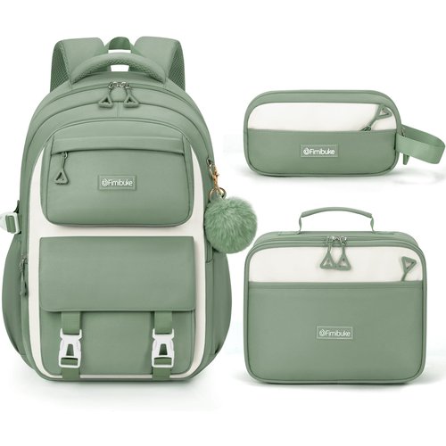 Fimibuke Backpacks for Girls, 3 PCS Waterproof School Backpack with Lunch Box & Pencil Pouch for Kids Teen Girl, Cute Bookbag School Bag for Elementary Middle High School Student Ages 6+(Green)