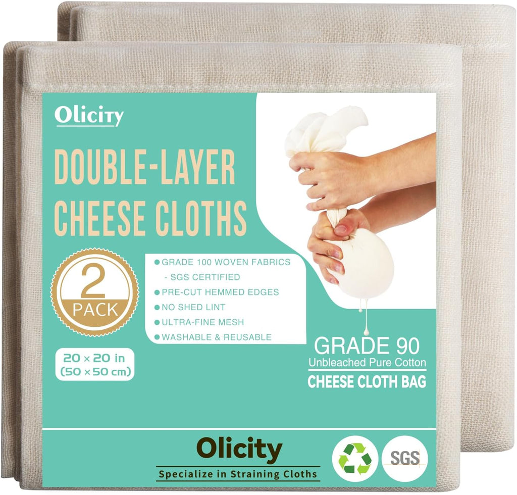 Olicity Cheese Cloths - 2PCS Double-Layer Reusable 20x20 Inch Unbleached Cotton Straining Bags