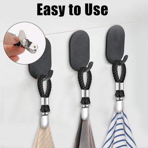 SXoonKing 6Pcs Kitchen Towel Clips, Metal Clips for Hanging with Braided Cotton Loop, Kitchen Hand Towel Holder Hook for Home Bathroom Cupboards Cloth Hanger Holder
