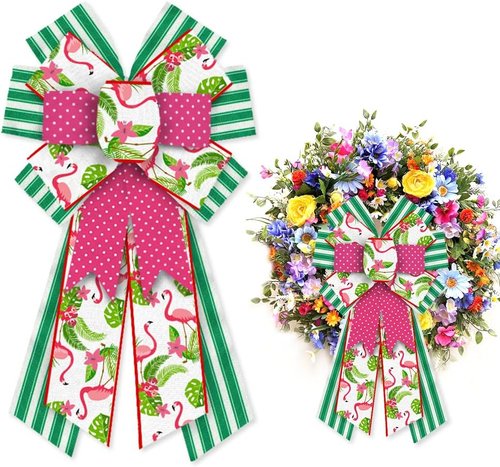 Hying Large Summer Wreath Bows - Green Stripes & Pink Burlap Flamingo Design for Door Decor