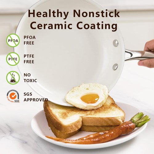 SAKAMOSH 9.5" Tri-Ply Stainless Steel Frying Pan, Nonstick Ceramic Pan, Skillet with Stay-Cool Handle, Non Toxic, PFAS PFOA PTFE Free, Dishwasher & Oven Safe, Induction, Compatible with All Cooktops