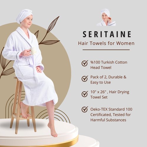 Seritaine Hair Towel Wrap for Women 2 Pack – 100% Turkish Cotton Turban for Wet Hair Quick Dry – Soft & Gentle Head Towel Cap– Soft and Absorbent Cotton - 10x26 inch