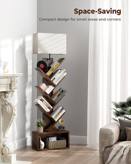 Evermagin 6 Tier Tree Bookshelf with Smart Light, Small Bookcase Tower with Remote Control, Tall Floor Standing Book Organizer for Living Room, Bedroom & Home Office, Rustic Brown