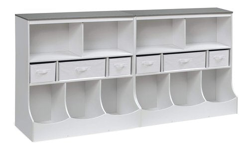 Badger Basket Combo Toy Storage Organizer and Bookshelf - Kids Storage Unit with 3 Removable Baskets, Open Shelves, Top Display Surface - White/Gray