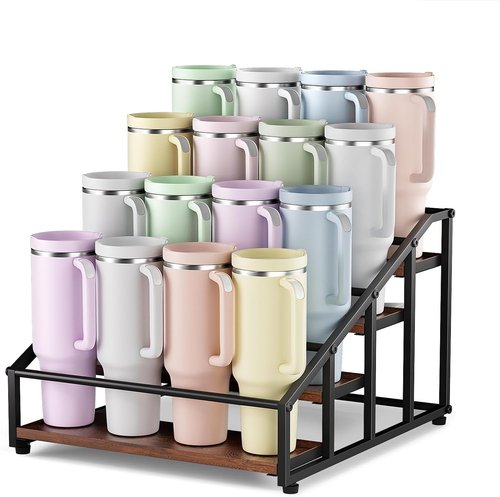 MOJOHAND 4-Tier Stanley Tumbler Organizer - Holds 16 Tumblers & Water Bottles | Versatile Pantry & Kitchen Storage