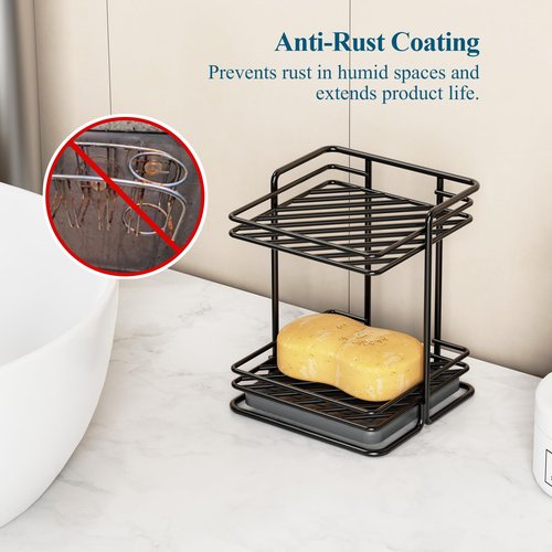 NiHome 2-Tier Soap Holder with Diatomite Mat, Rustproof Metal Shower Organizer for Bar Soap, Shampoo Bars, Sponges, Skincare, Fast-Drainage Open Slot Rack for Bathroom and Kitchen Countertops