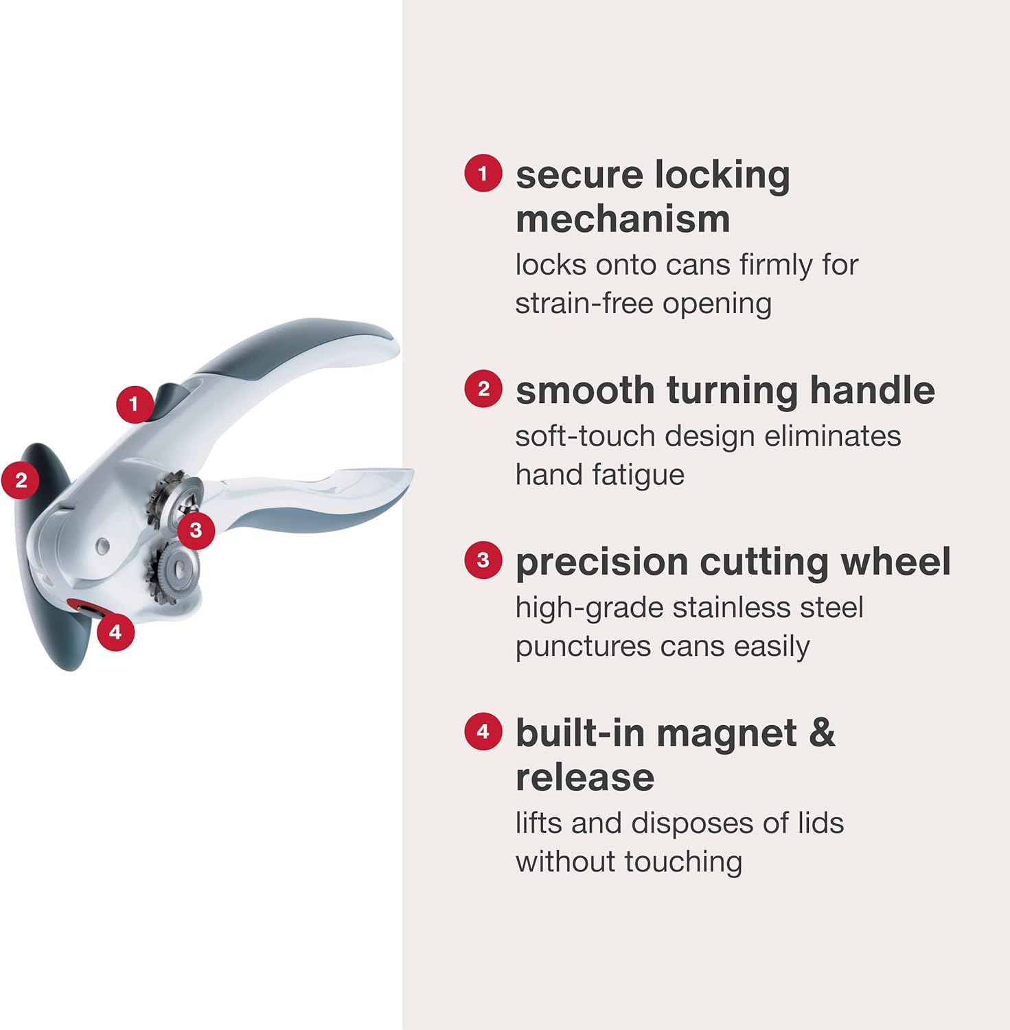 Zyliss Lock N' Lift Can Opener - Easy Manual Opener with Magnetic Lid Lifter - White/Gray
