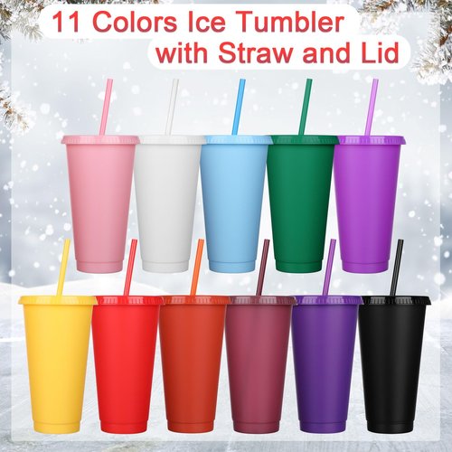 Honeydak 60 Pcs Tumbler with Straw and Lid Bulk Water Bottle Iced Coffee Travel Mug Cup Reusable Plastic Cups for Party Birthdays 24-27 oz (Solid Color)