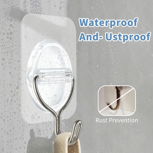 BaGushan Adhesive Wall Hooks No Damage, Stick On Hooks for Hanging 10 Pack - Transparent Stainless Steel 5KG Heavy Duty, Waterproof Removable (3.5x5.3cm) Kitchen Bathroom Office, Ganchos para Pared