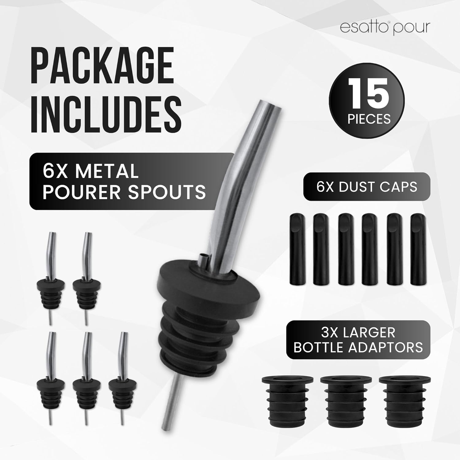 Stainless Steel Liquor Bar Bottle Pourers - Drip-Free Nozzle - Pour Spouts for Alcohol & Bartending - Universal Fit Speed Spout - Rust-Free & Easy Clean - Chrome (6 Pack)