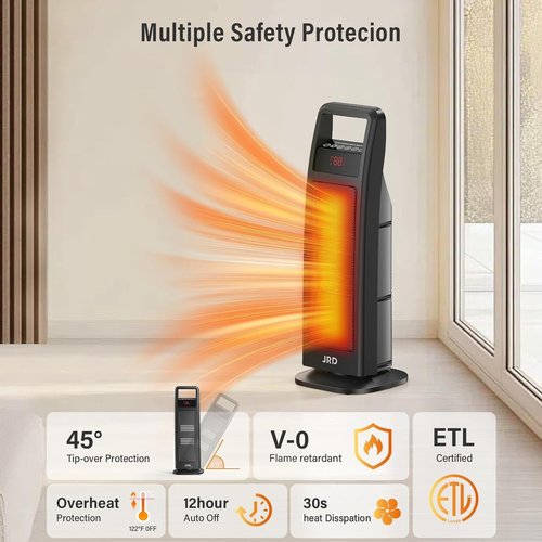 JRD 24" Fast Electric Space Heater with Remote, 75° Oscillation, 1-8H Timer, Thermostat, Safe Protection, 1500W Portable Heater for Indoor Use, Large Room Bedroom Office