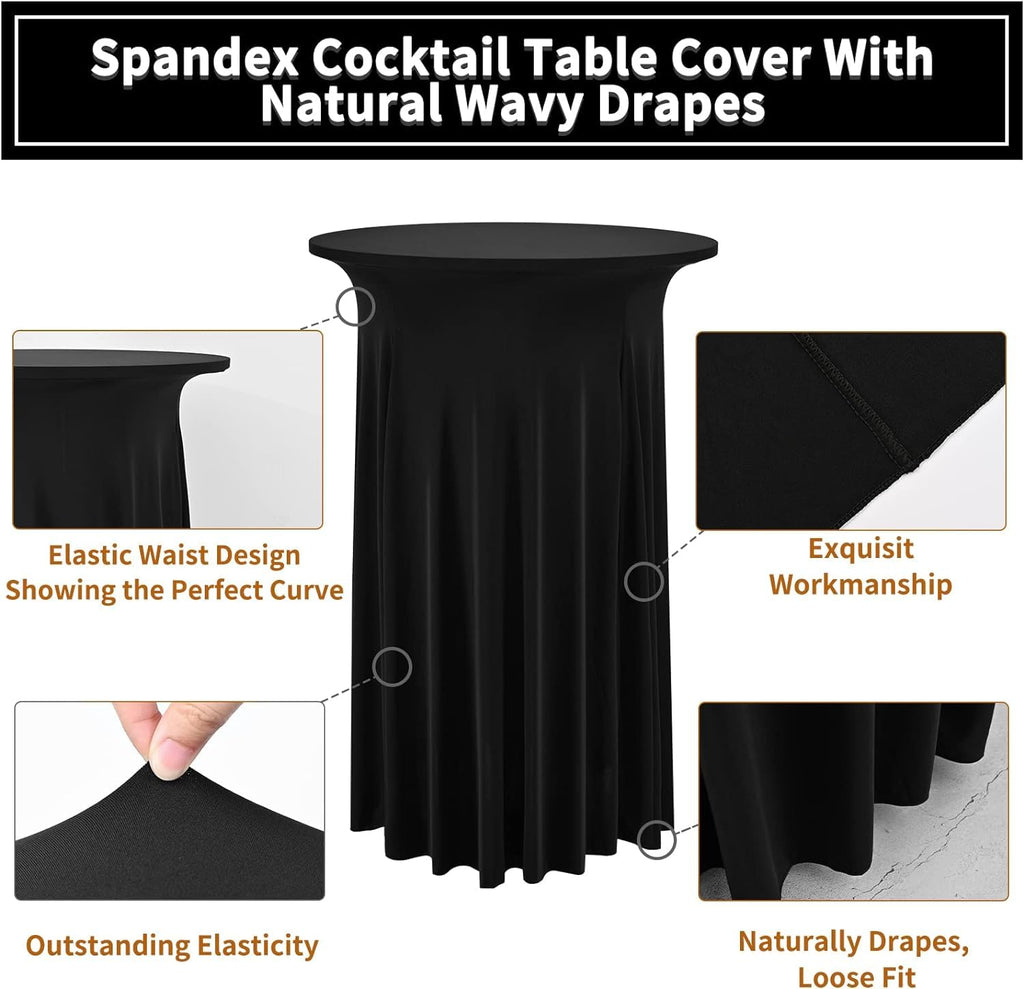 REWOMC 8 Packs Round Cocktail Table Skirt 32"x 43" Spandex Stretch Cocktail Tablecloth with Wavy Drapes, Black Spandex Fitted High Top Table Covers for Wedding Bar Party Birthday Banquet Table