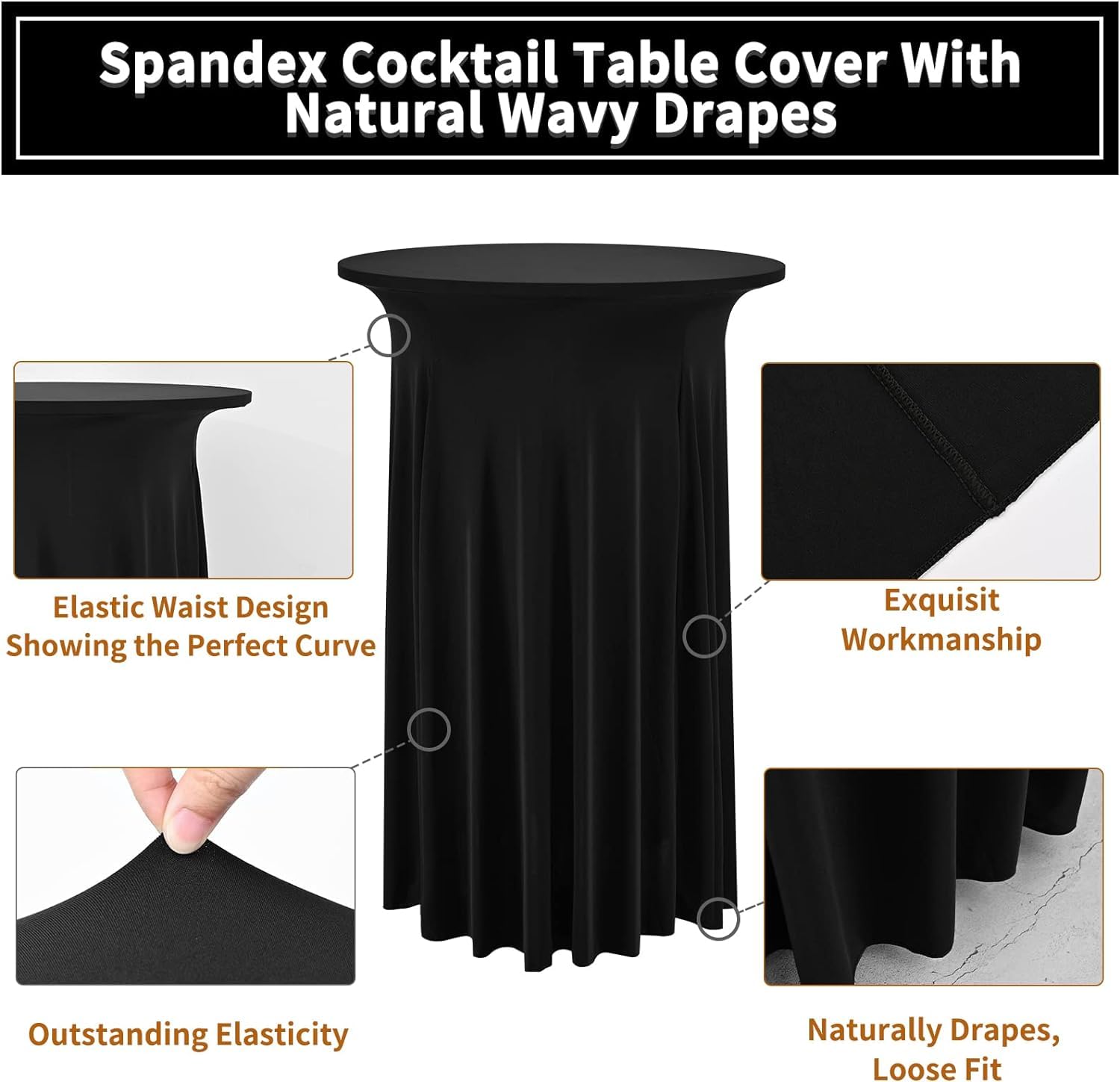 REWOMC 8 Packs Round Cocktail Table Skirt 32"x 43" Spandex Stretch Cocktail Tablecloth with Wavy Drapes, Black Spandex Fitted High Top Table Covers for Wedding Bar Party Birthday Banquet Table