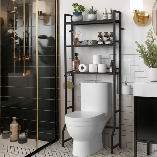 YBING Over The Toilet Rack 3 Tier Bathroom Shelf Over Toilet Storage Organizer Freestanding Above Toilet Storage Rack with Metal Frame and Hook Bathroom Over Toilet Storage Stand Black