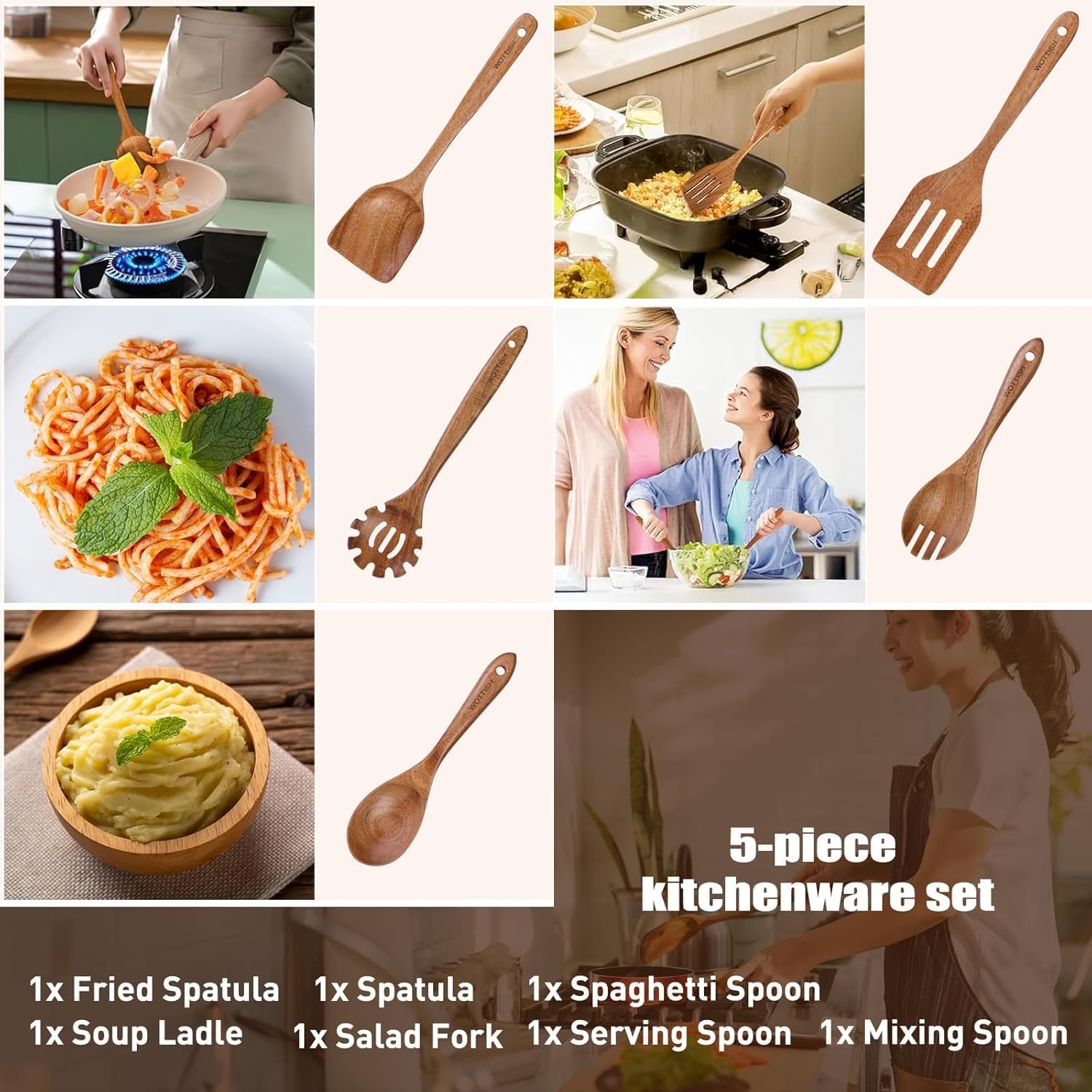 Skiennix Wooden Cooking Spoons - 5-Piece Natural Solid Wood Utensil Set | Includes Salad Spoons, Strainer, Fork & Spatula